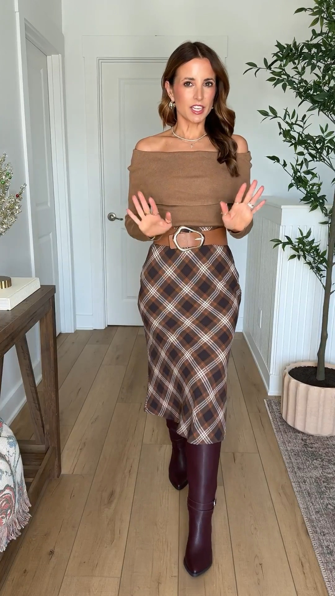 Target fall outfits. Target thanksgiving outfits. Friendsgiving outfits. Fall style. Plaid skirt. Wearing XXS in skirt and XS in top. Knee high boots are TTS. 

#LTKSeasonal #LTKShoeCrush #LTKParties