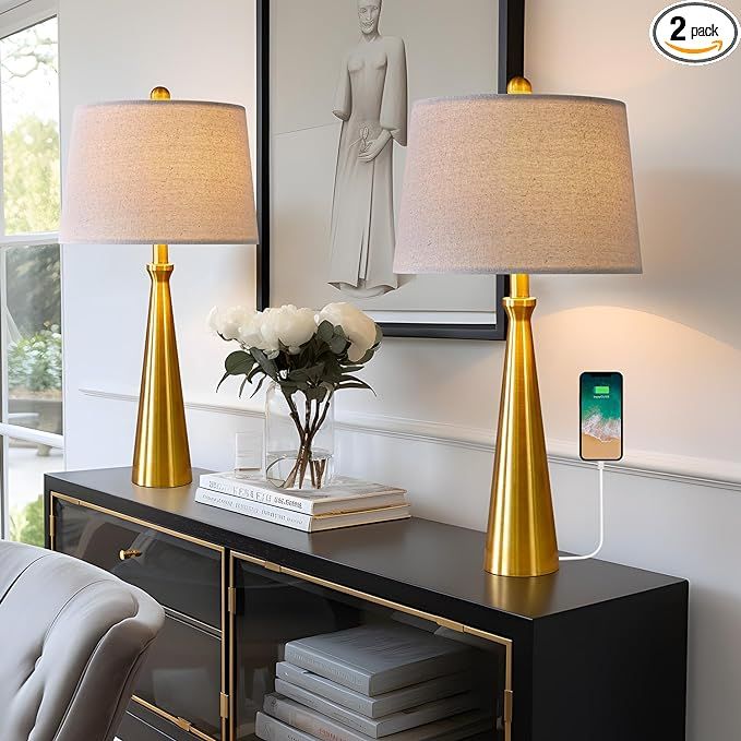 Oneach 25.75” Modern Table Lamps with USB Port Set of 2 Accent Gold Nightstand Lamp for Living ... | Amazon (US)