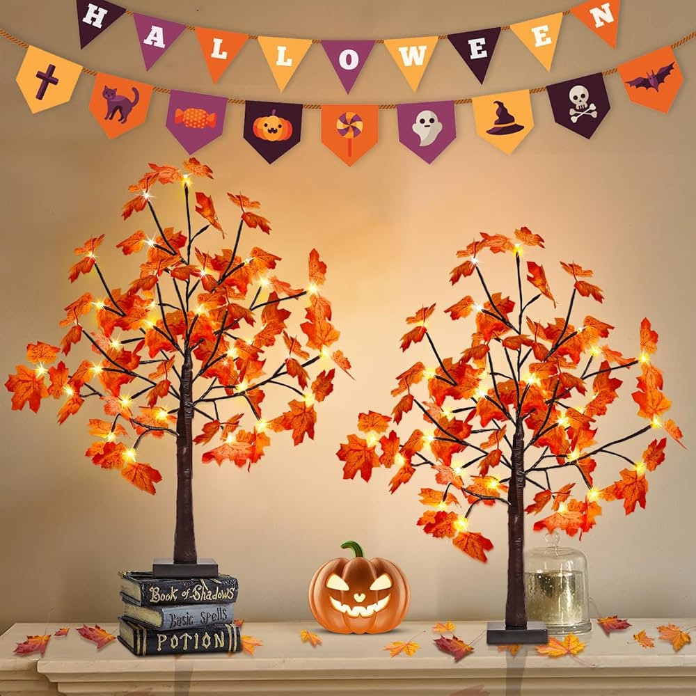 2Pack 2FT 50LED Artificial Lighted Maple Tree,Timer Function Prelit Fall Decor Maple Tree with Wa... | Amazon (US)