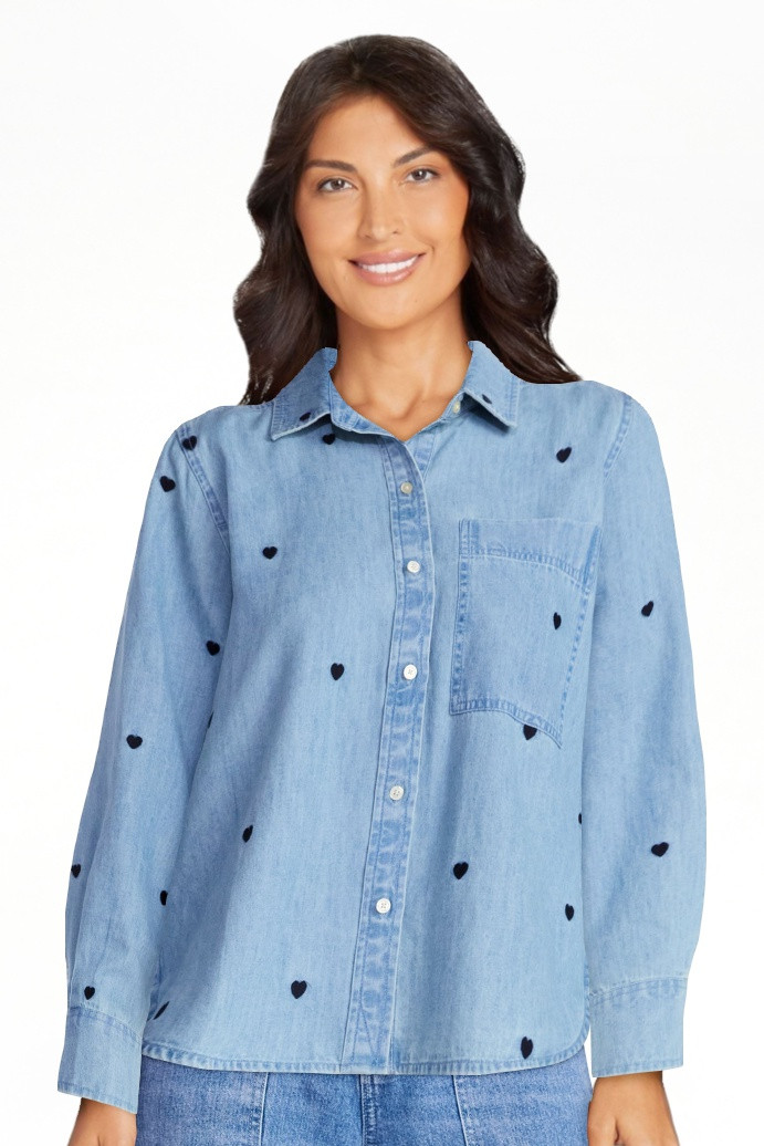 Free Assembly Women's and Women’s Plus Embroidered Hearts Denim Shirt with Long Sleeves, Sizes ... | Walmart (US)