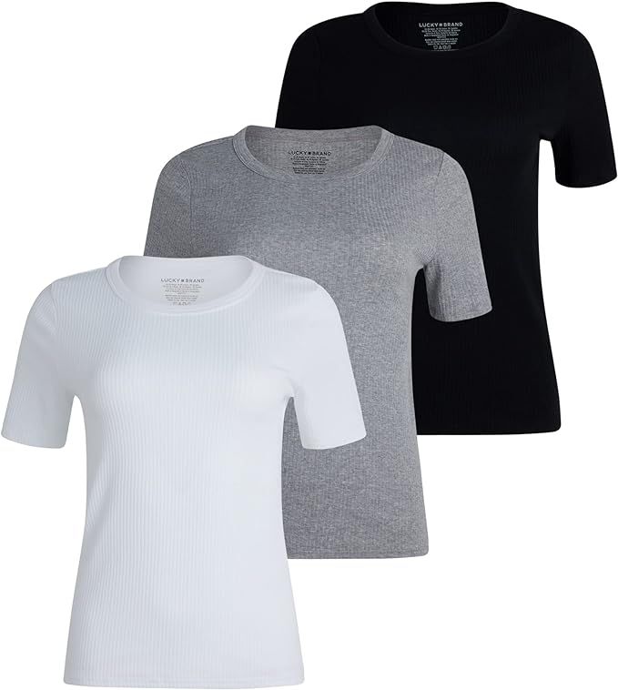 Lucky Brand Women's T-Shirt - 3 Pack Stretch Cotton Crewneck Ribbed Short Sleeve Shirt - Basic So... | Amazon (US)