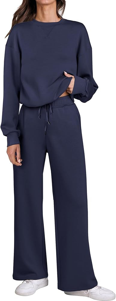 Caracilia Women's 2 Piece Outfits Sweatsuit Fall Crewneck Sweatshirts Wide Leg Pants Lounge Match... | Amazon (US)