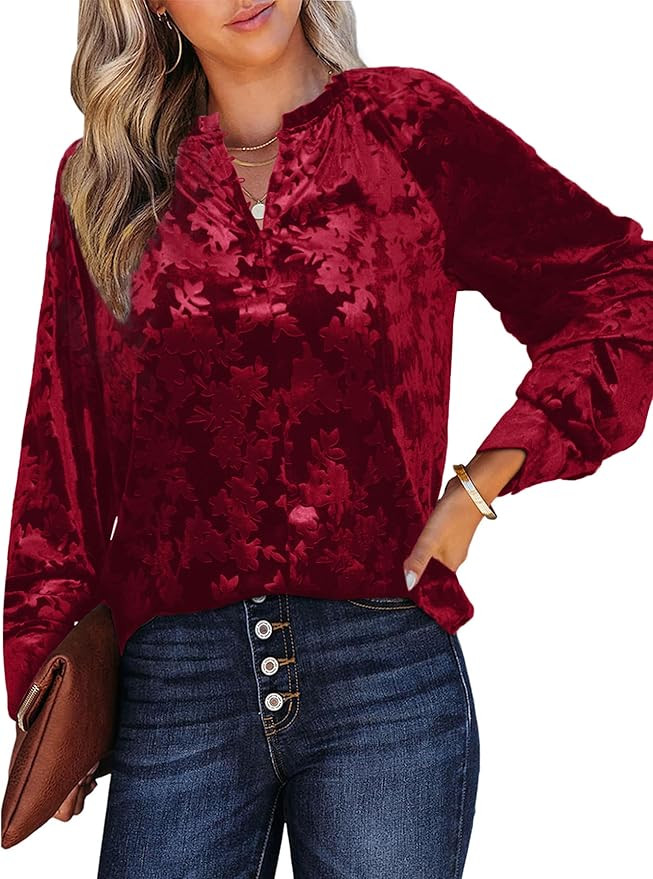 Simplee Velvet Tops for Women Long Sleeve Button Down Shirt Fall Blouses Dressy Casual Holiday Pa... | Amazon (US)