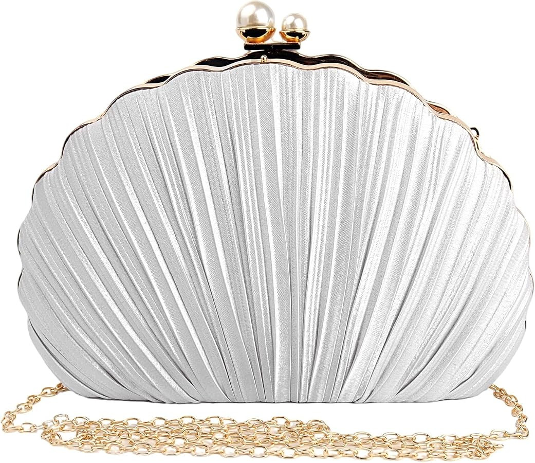 Women Mini Pleated Seashell Evening Clutch Handbag,Clutch Bag,Pearl Clutch,With Chain Strap | Amazon (US)