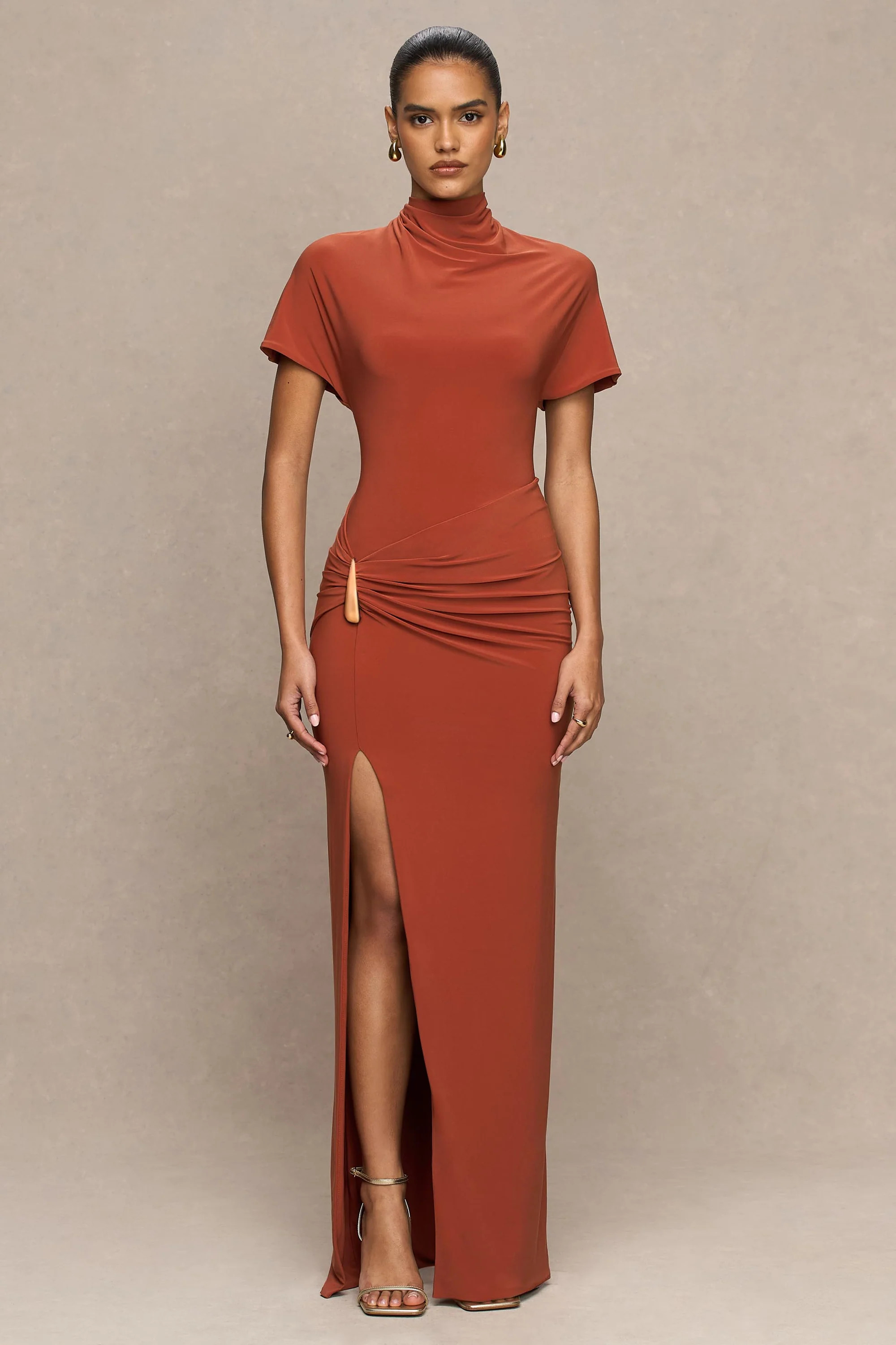 Arlena | Red High-Neck Wrapped Maxi Dress | Club L London