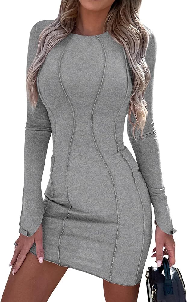 PRETTYGARDEN Womens 2023 Fall Bodycon Mini Dresses Casual Long Sleeve Solid Color Short Tight Lad... | Amazon (US)