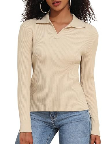 PrettyGuide Women's Long Sleeve Knit Collared Dressy Sweater V Neck Slim Fit Casual Pullover Sweater Tops Khaki XL | Amazon (US)