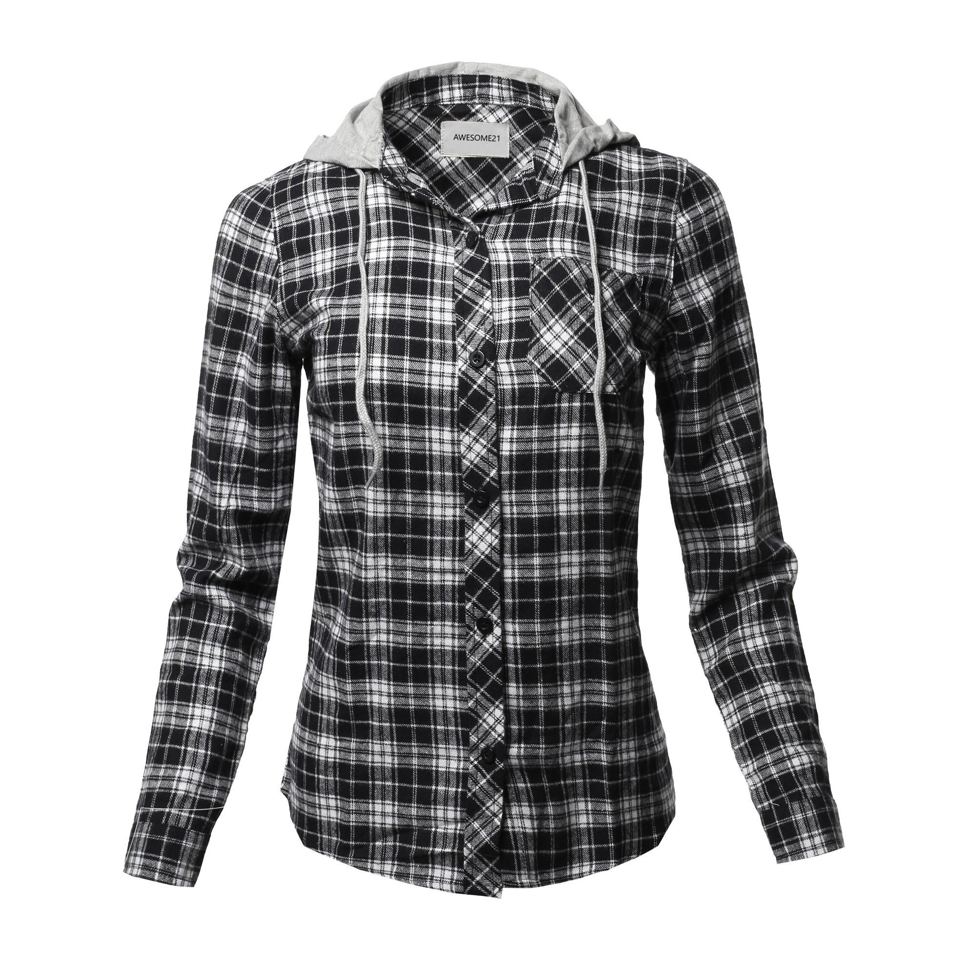 FashionOutfit Women's Causal Flannel Long Sleeve Button-Down Mandarin Collar Hoodie Shirt | Walmart (US)