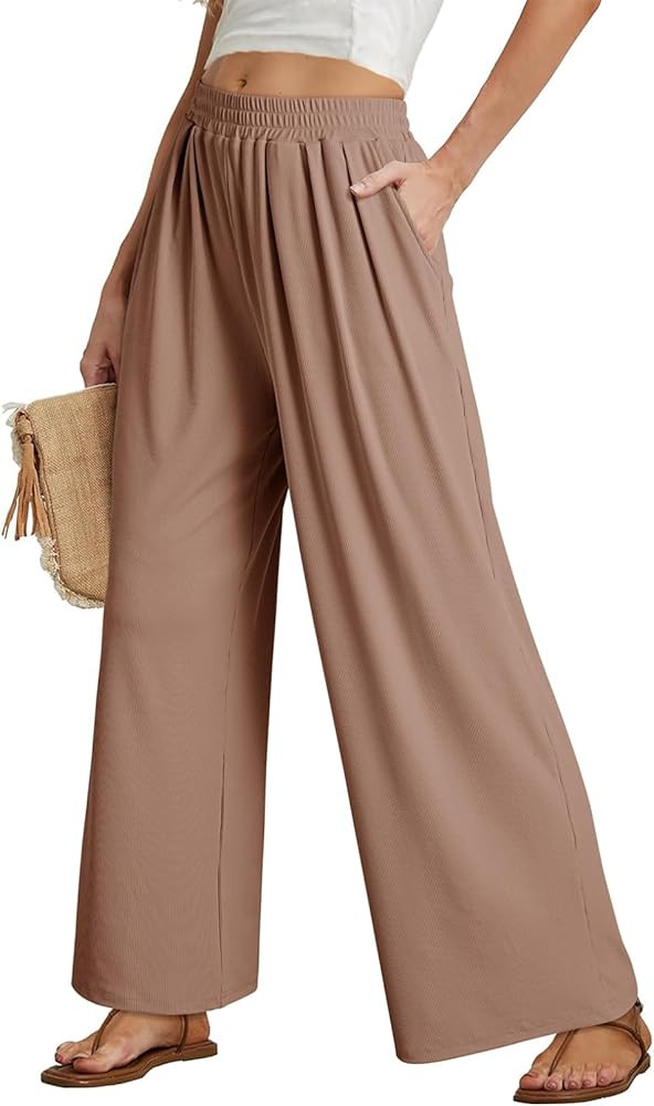 Dokotoo Women's Elastic Waist Wide Leg Pants Baggy Casual Stretch Palazzo Pants with Pockets | Amazon (US)