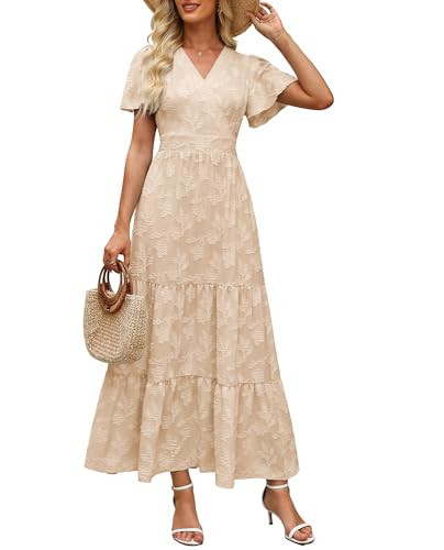 Womens Boho Floral Maxi Dress Elegant Wrap V Neck Short Flutter Sleeve Flowy Tiered A Line Summer Beach Wedding Guest Dresses (US, Alpha, X-Large, Regular, Regular, Beige) | Amazon (US)
