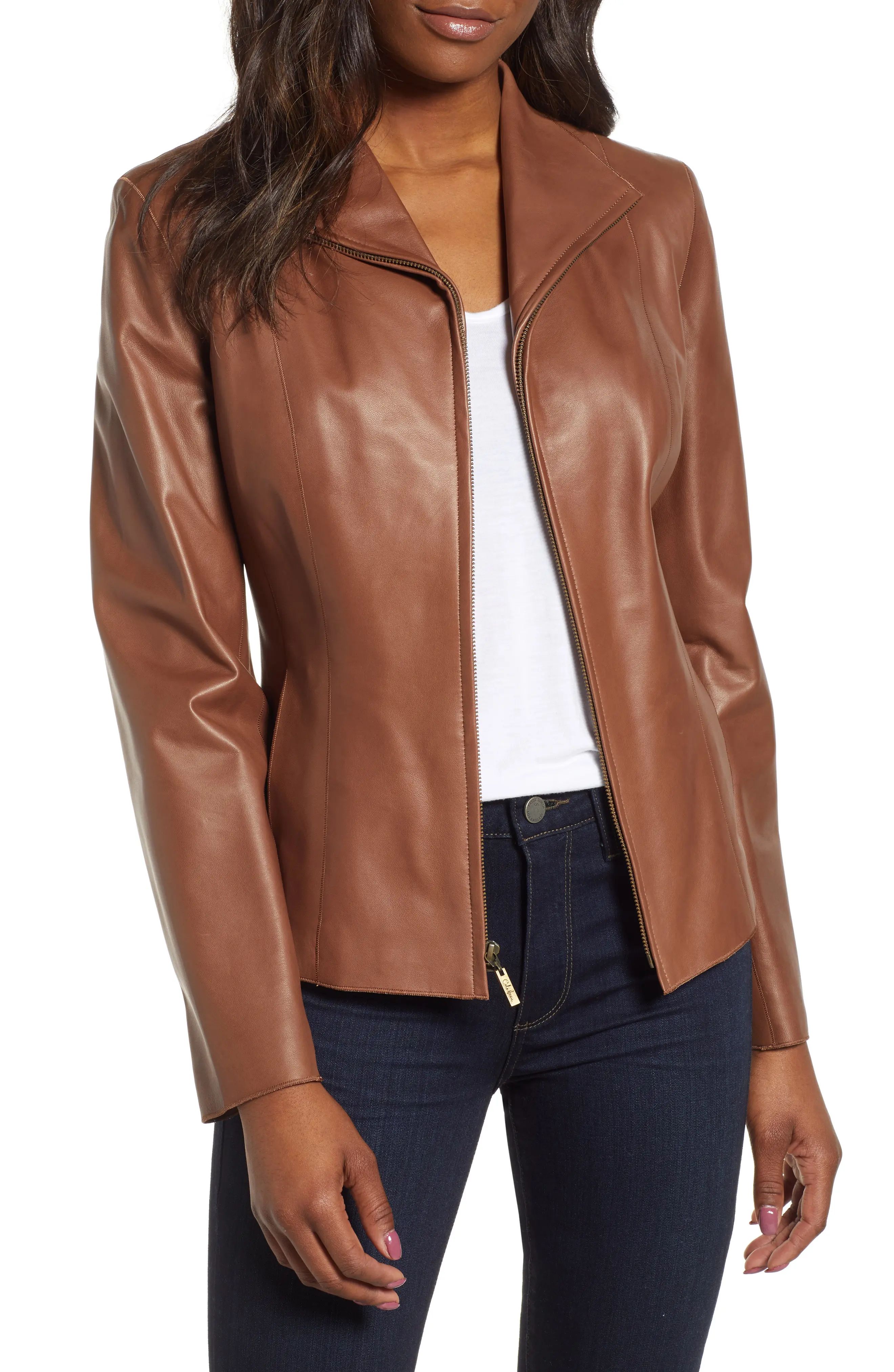 Women's Cole Haan Lambskin Leather Scuba Jacket, Size 6 - Brown | Nordstrom