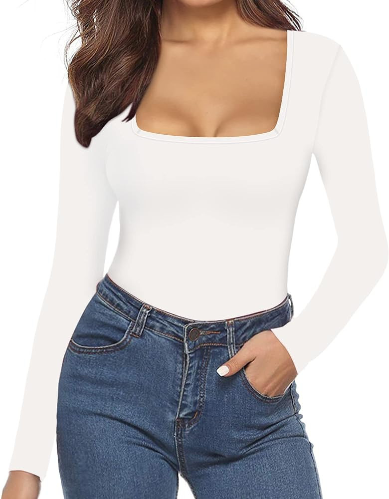 MANGOPOP Square Neck Bodysuit Long Sleeve for Women Short Sleeve Body Suit Going Out Tops Shirts | Amazon (US)