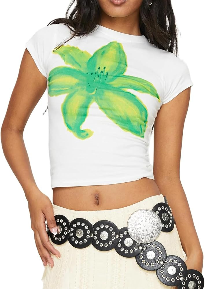 Women Y2k Graphic Tees Short Sleeve Shirts Slim Fitted Girls Aesthetic Printed Crop Top Summer Ba... | Amazon (US)