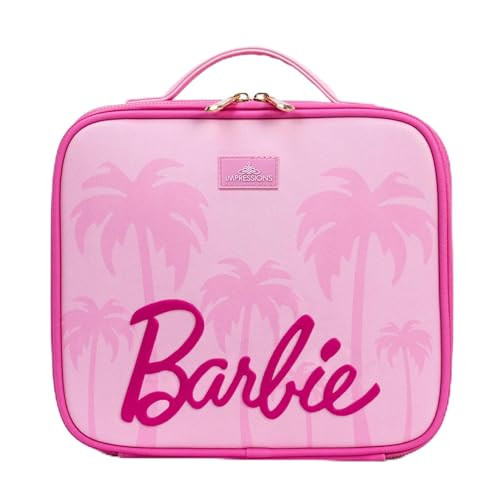Impressions Vanity Barbie Handheld Travel Cosmetic Bag for Girls, Faux Leather Makeup Organizer Case with Removable Dividers, Brush Holder, Golden Zipper, and Pocket Compartments (Pink) | Amazon (US)