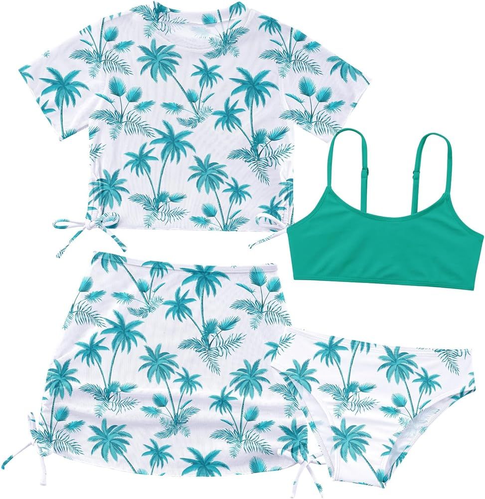Vogseek 6-13T Girls 4 Pieces Bikini Swimsuits with Swim Skirt Quick Dry Mesh Shorts Bathing Suits | Amazon (US)