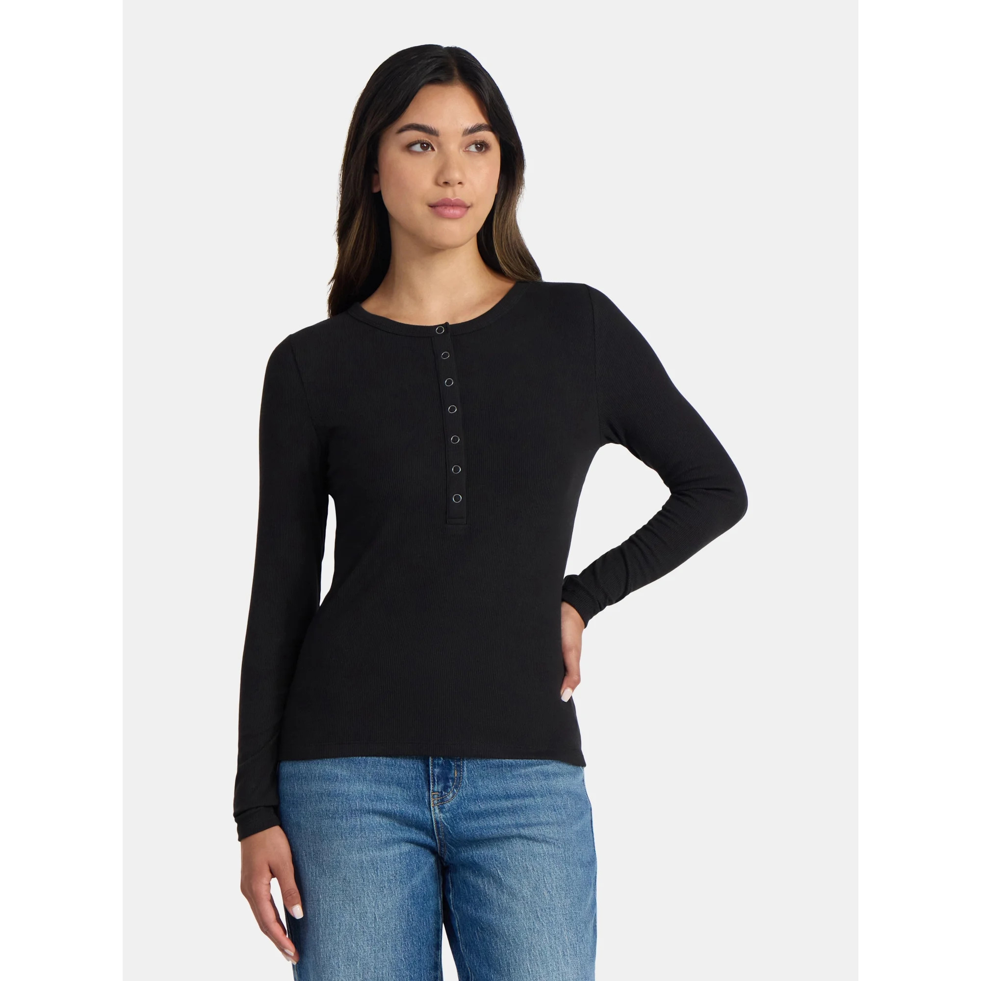 Time and Tru Women's Ribbed Henley Shirt with Long Sleeves, Sizes XS-XXXL | Walmart (US)