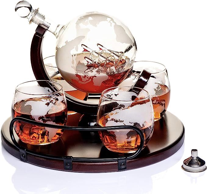 Kemstood Whiskey Decanter Set with Wooden Base - Etched World Globe Whiskey Decanter Sets for Men... | Amazon (US)