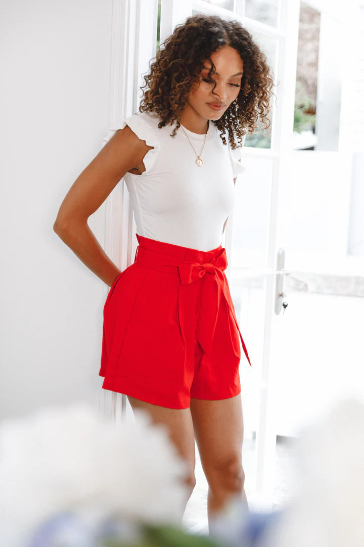 Maya High Waisted Paperbag Shorts - Red | Petal & Pup (US)