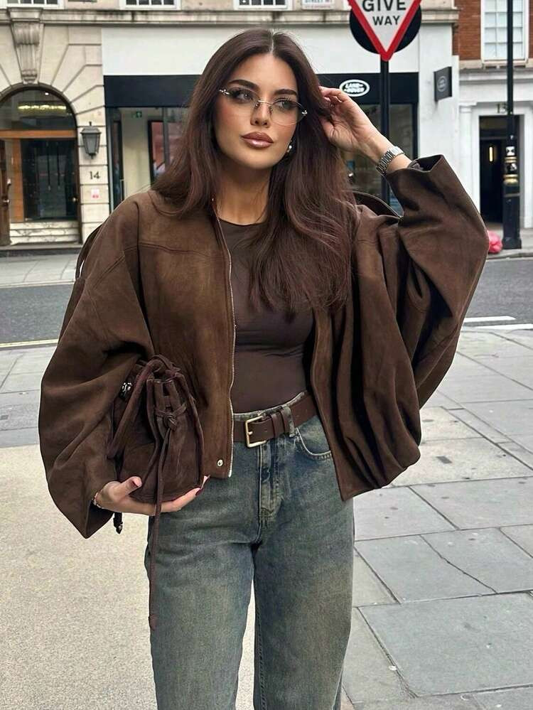 MUMRAP Women Casual Street Fashion Turndown Collar Jacket Vintage Long Sleeve Zipper Loose Coat | SHEIN