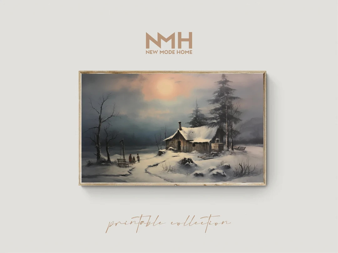 Winter Cabin / Frame TV Art / Vintage Oil Painting / Christmas / Holiday Printable Artwork / Down... | Etsy (CAD)