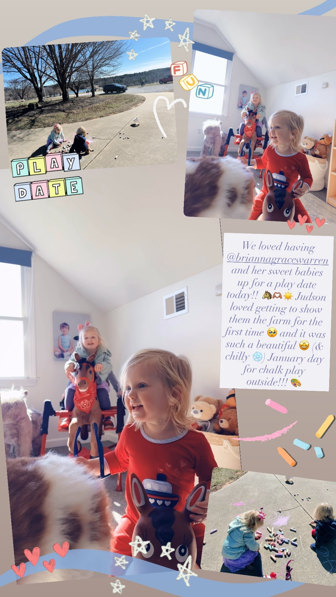 We loved having @briannagracewarren and her sweet babies up for a play date today!! 🐴🫶🏽☀️ Judson loved getting to show them the farm for the first time 🥹 and it was such a beautiful 🤩 (& chilly ❄️) January day for chalk play outside!!! 🎨