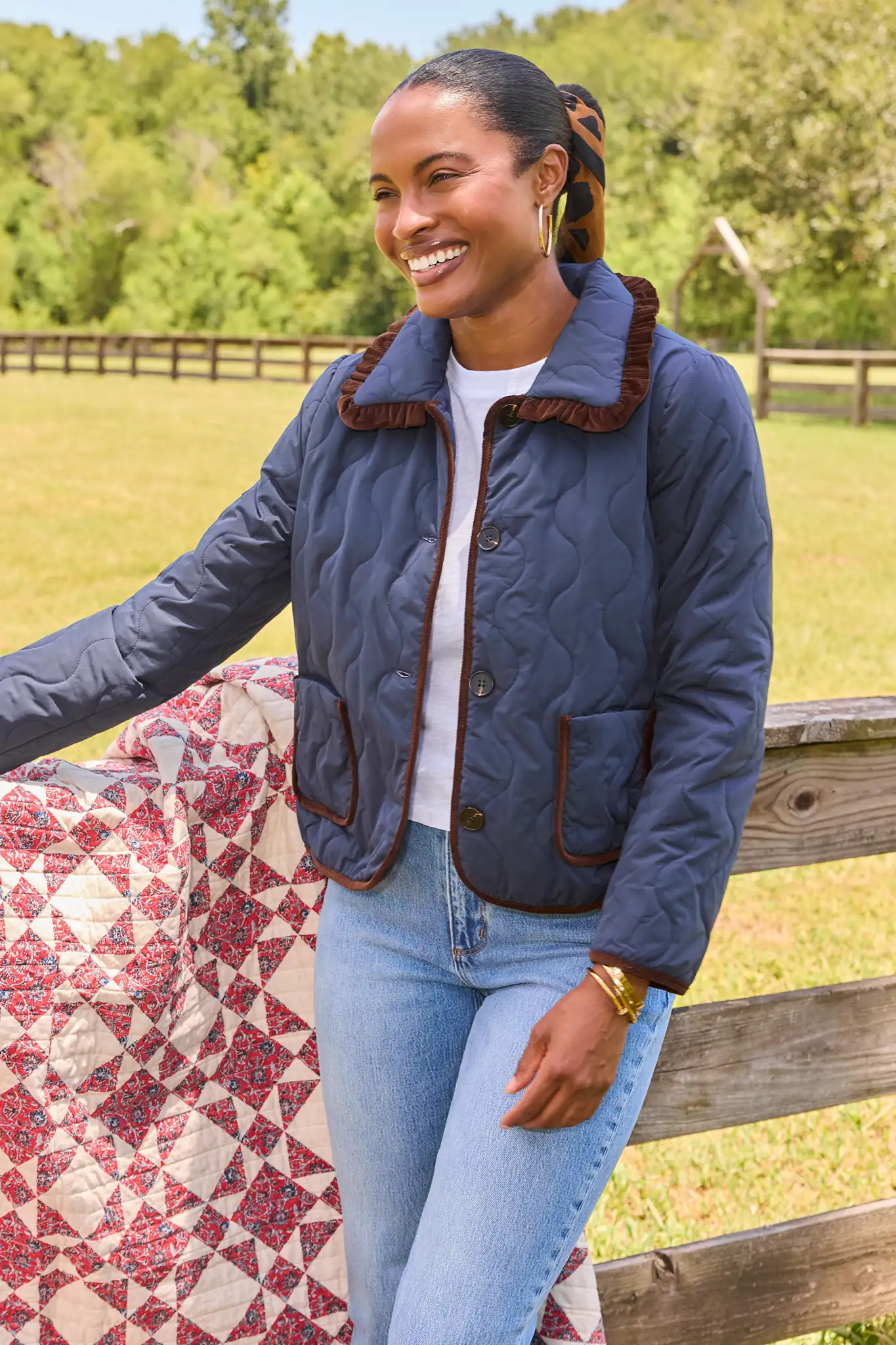 Navy Quilted Button Up Jacket | Avara
