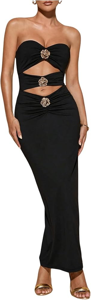 Milumia Women's Metal Flower Cut Out Strapless Tube Top Dress Sleeveless Bodycon Maxi Dresses Wed... | Amazon (US)