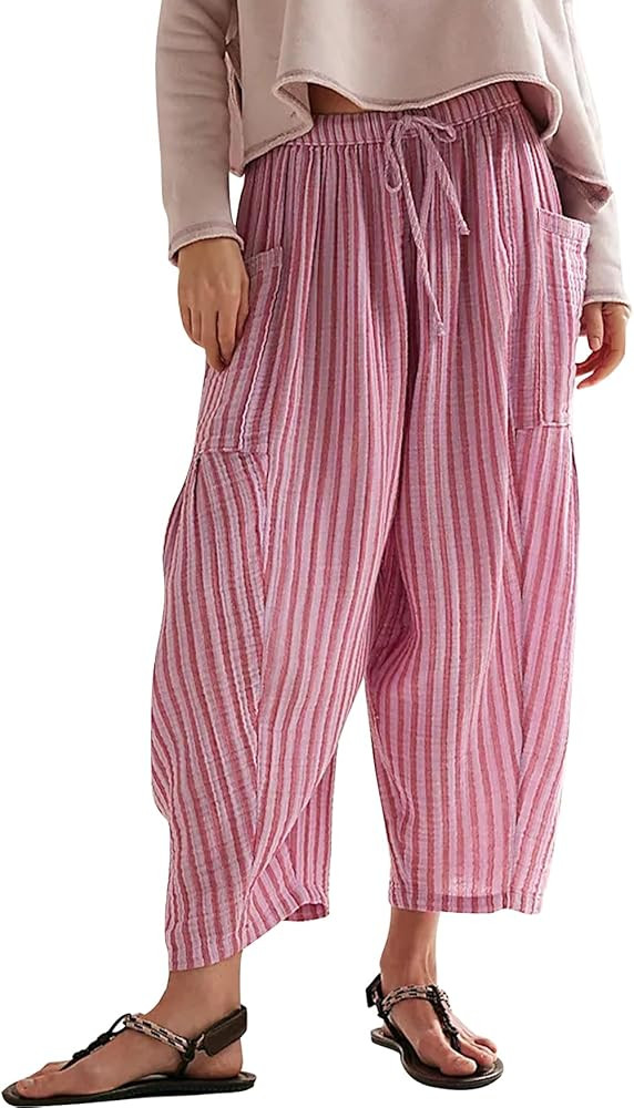 MISSACTIVER Women Summer Striped Harem Pants Flowy Baggy Casual Wide Leg Trousers Drawstring Boho... | Amazon (US)