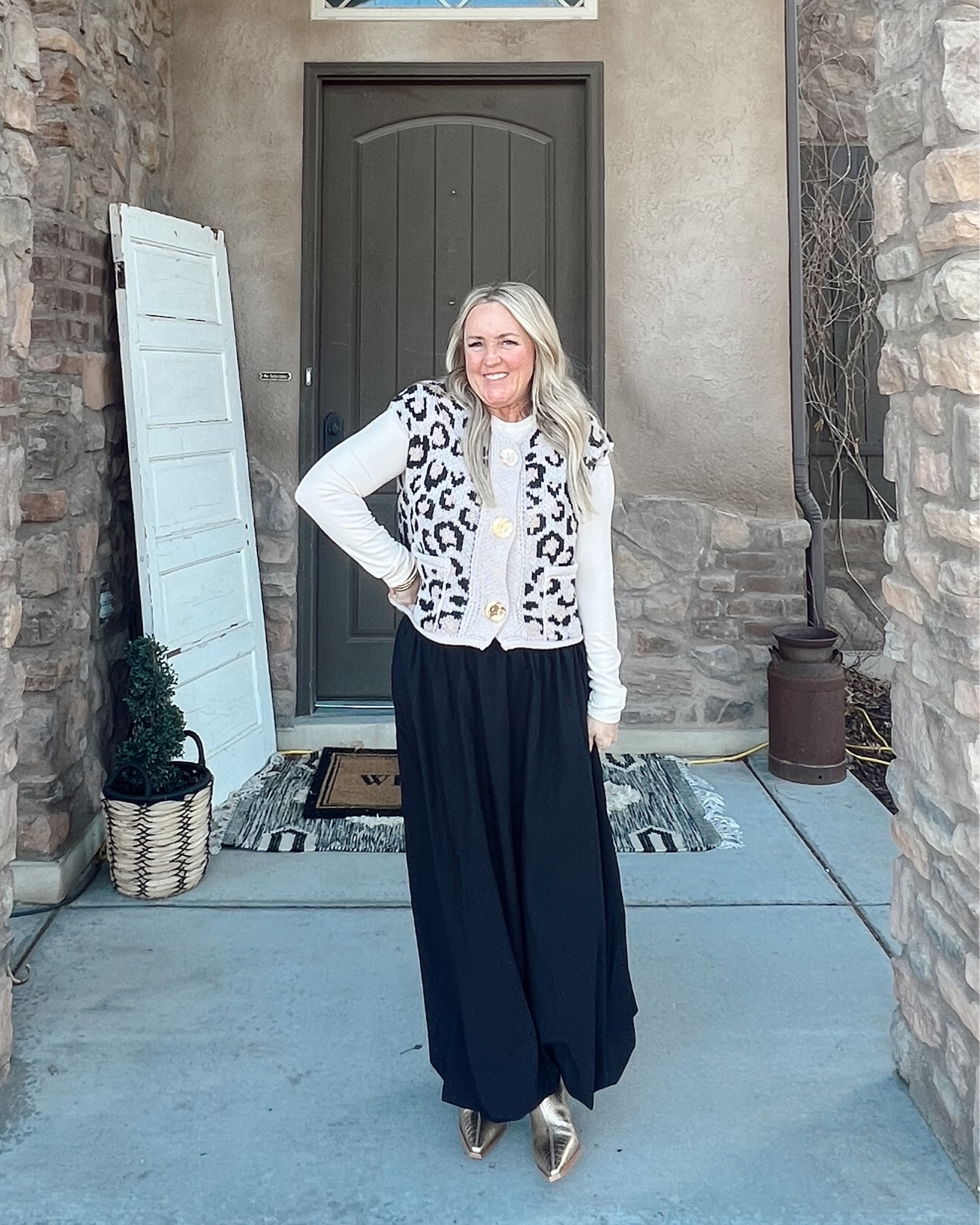 🐆cute  looks for less on Amazon!
.
🙌🏻 I have this bubble skirt in 3 colors-comfy in the waistband so cute-great length for short girls!
.
#sundaydress #businesscasual #dressup #comfydressup #blackskirt #leopardvest #sweatervest

#LTKMidsize #LTKOver40 #LTKootd