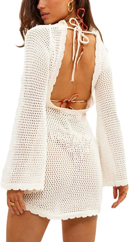 NaranjaBurbuja Womens Sexy Backless Knit Crochet Mini Bodycon Dress Long Sleeve Hollow Out Knitted C | Amazon (US)