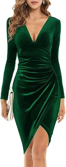 Womens Elegant Long Sleeve Velvet Bodycon Dress V Neck Split Ruched Cocktail Party Formal Midi Dr... | Amazon (US)