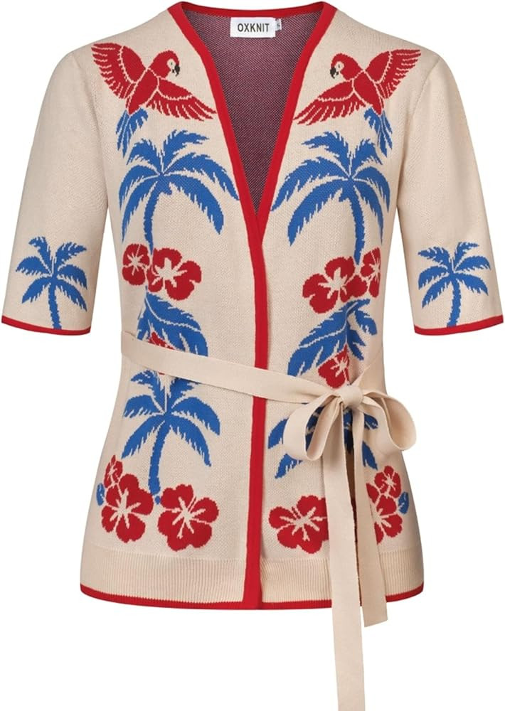 OXKNIT Women's Retro Knit Jacquard Cardigan, 1970s Hawaiian Style Pattern V-Neck Half-Sleeve Tops... | Amazon (US)