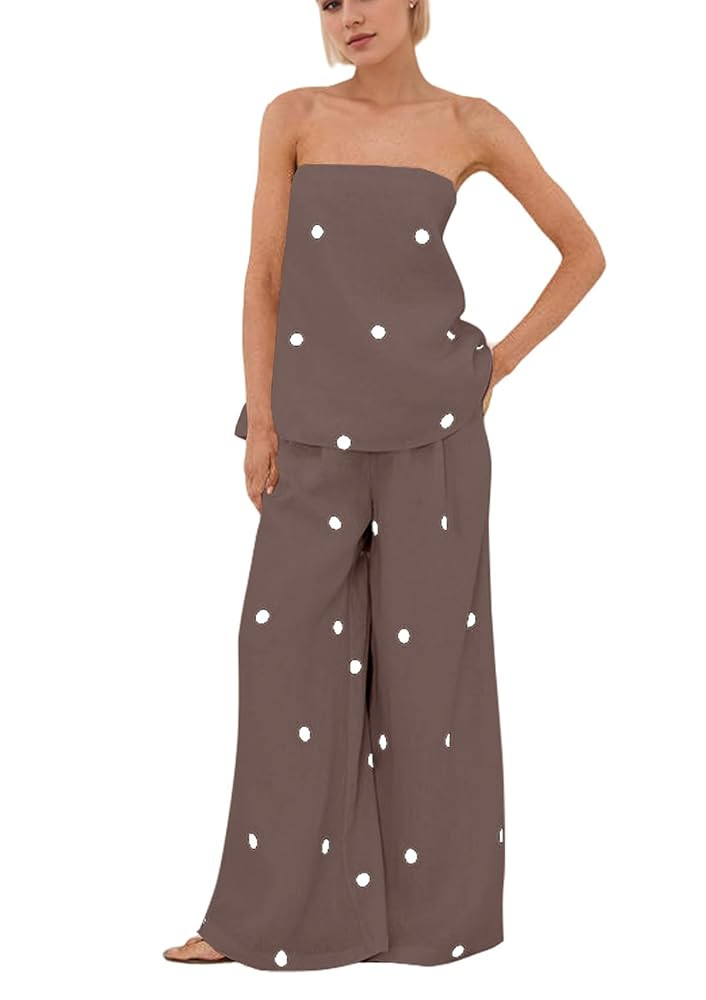 Women 2 Piece Outfits Polka Dot Summer Pants Set Strapless Tube Top High Elastic Waist Wide Leg P... | Amazon (US)