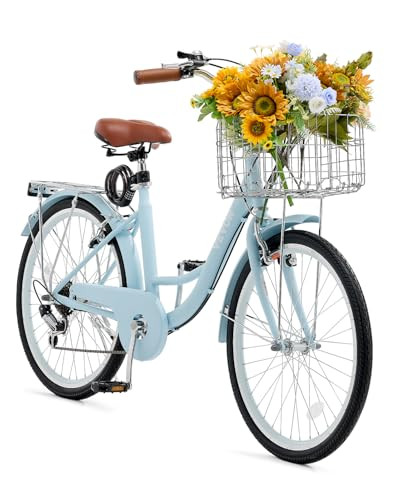 VEVOR Women Bike, 7-Speed and 1-Speed, 24-26 Inch Pink and Light Blue Beach Cruiser Bike, with Large Capacity Basket and Rear Rack, Adjustable Seat, Fits for Cycling, Exercise & Shopping | Amazon (US)