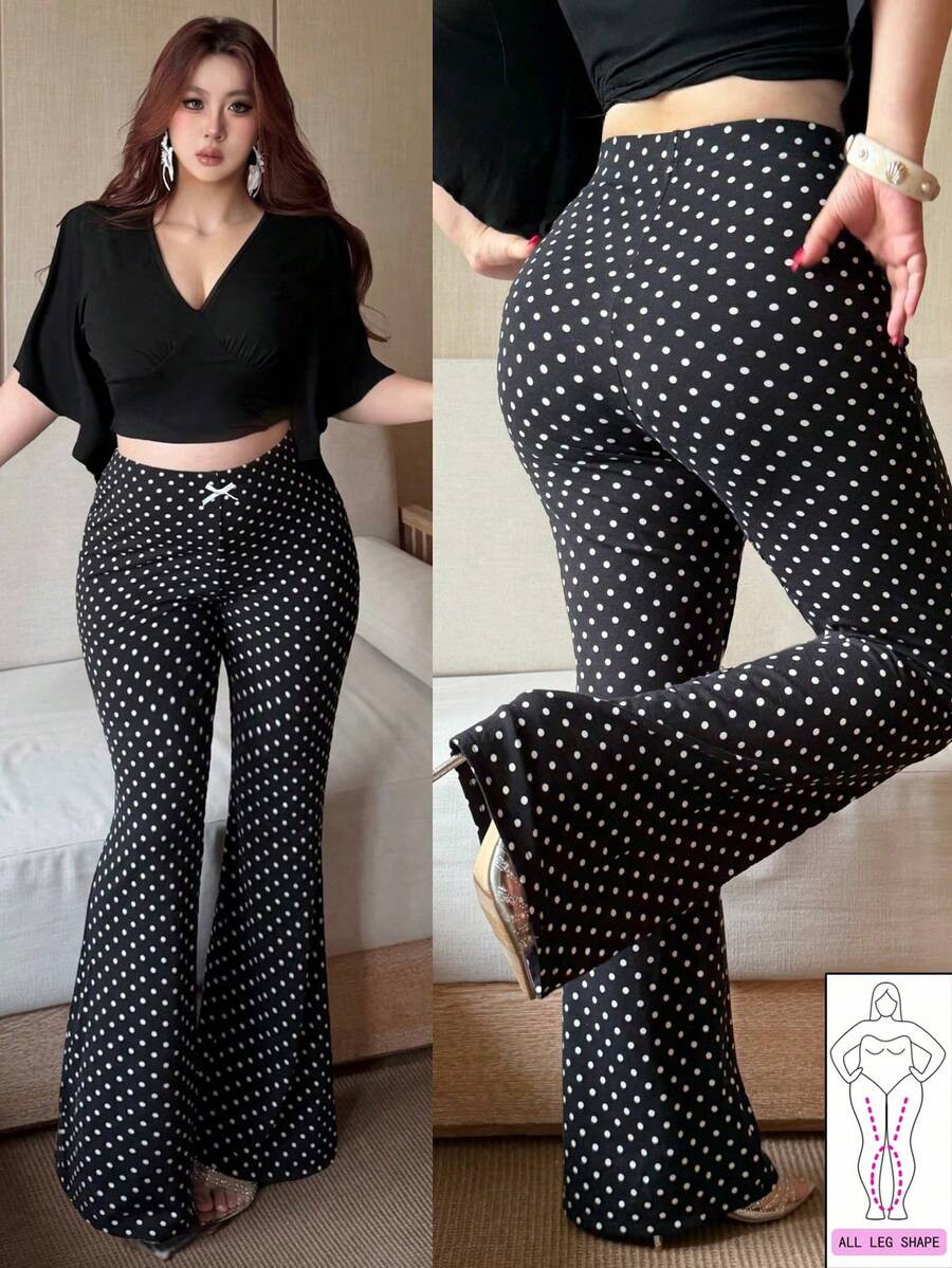 Vibekara Plus Size Women Casual Polka Dot Flare Pants, Comfortable Draping, Spring/Summer | SHEIN