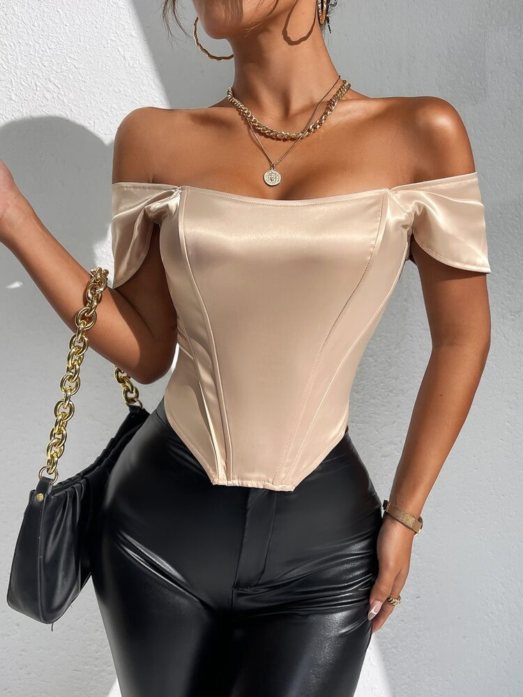 Off Shoulder Asymmetrical Hem Satin Blouse | SHEIN