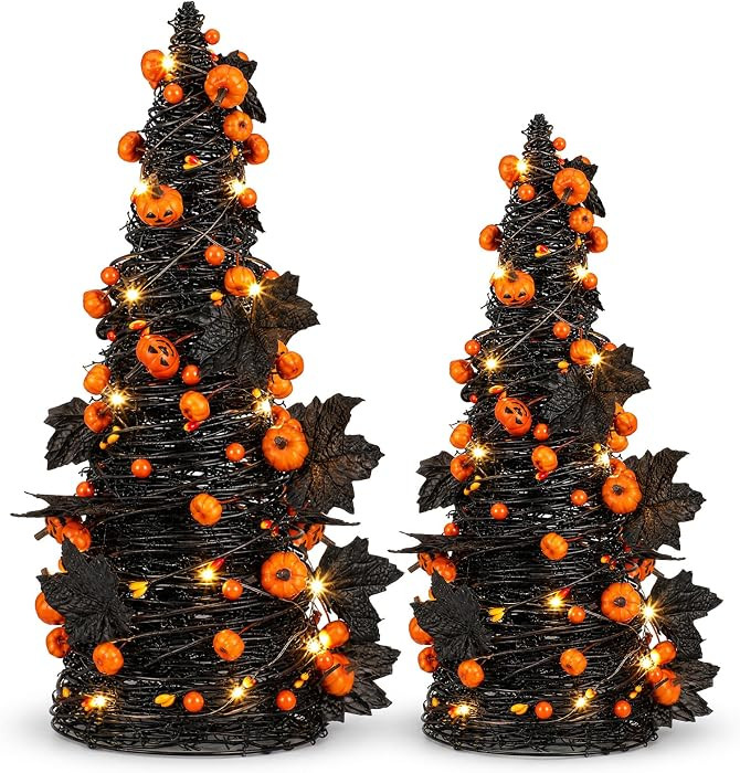 Skylety 2 Pack Halloween Rattan Table Tree Decor with LED Lights Pumpkin Maple Leaf Floral Stems ... | Amazon (US)