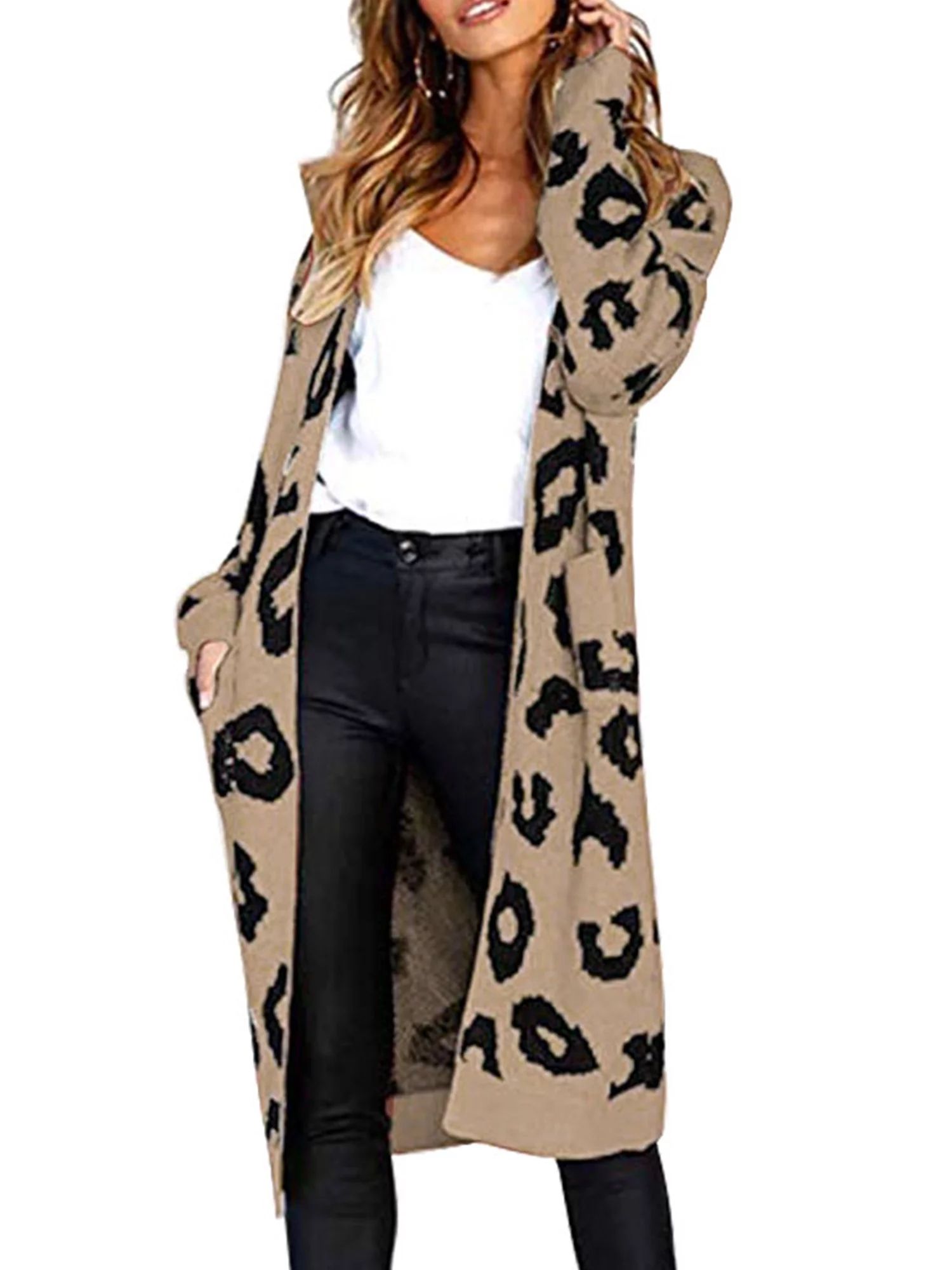 HIMONE Womens Leopard Print Draped Kimono Cardigan with Pockets Ladies Long Sleeve Open Front Cas... | Walmart (US)