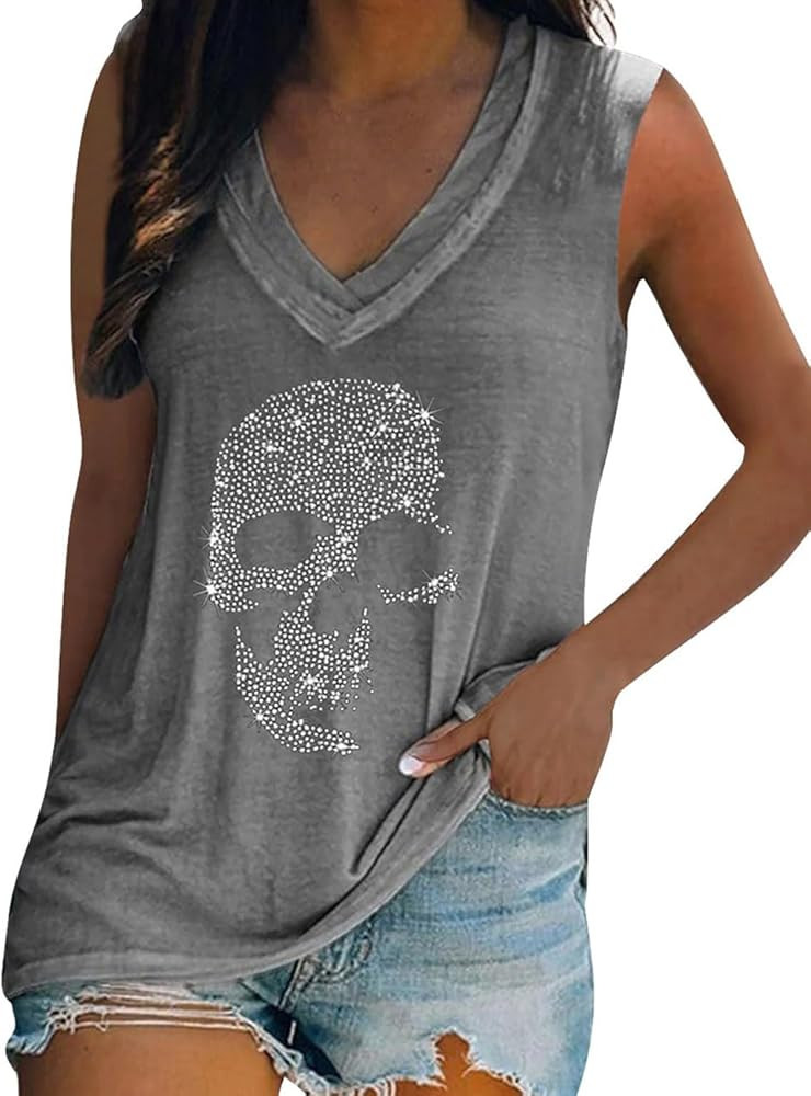 Fronage Women's Rhinestone Skull Tank Tops Loose Graphic V Neck Sleeveless Tee Shirt | Amazon (US)