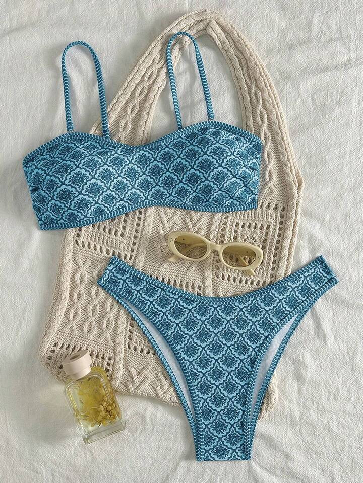Two Pieces Of Women's Pink Print Paired With Flat Chest Bikini, Detachable Shoulder Strap Suitabl... | SHEIN