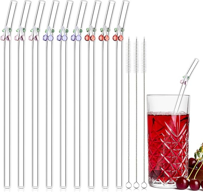 9 Pcs Reusable Glass Straws with Design 8 mm x 7.9 Inch Colorful Cherry on Clear Straw Bent Glass... | Amazon (US)