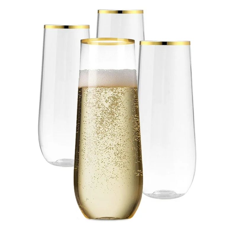 Hapeisy 4 Pack Stemless Plastic Champagne Flutes Disposable 9 Oz Gold Rim Clear Plastic Toasting ... | Walmart (US)
