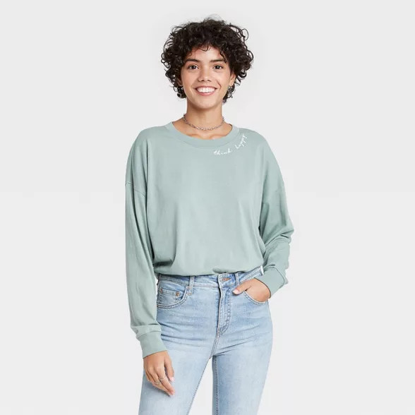 Women's Think Happy Embroidered Long Sleeve Graphic T-Shirt - Green | Target