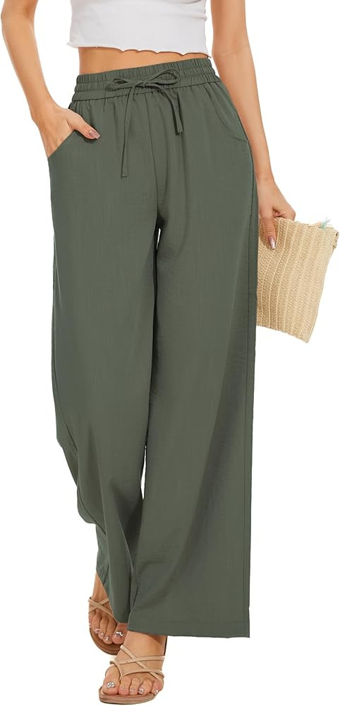 Women Pants Flowy Pants Drawstring Waist Wide Leg Palazzo Beach Pants Loose Fit with Pockets | Amazon (US)