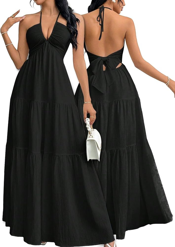 Narecte Women's Maxi Summer Dresses Halter V Neck Beach Dresses for Women A-Line Casual Dress for... | Amazon (US)