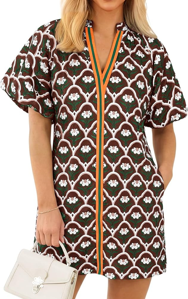 Wenrine Womens Summer Dresses Casual Floral Puff Sleeve V Neck Boho Loose Beach Mini Dress with P... | Amazon (US)