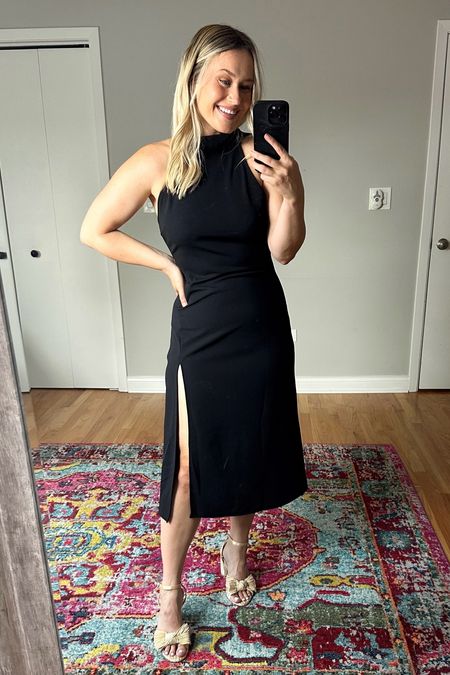 This black cocktail dress is the perfect wedding guest dress and it’s a super affordable amazon fashion find! / gold heels, destination wedding, halter dress, little black dress, wedding shoes, gold bow shoes, midi dress, wedding attire, affordable fashion #weddingguestdress 

#LTKfindsunder50 #LTKshoecrush #LTKwedding
