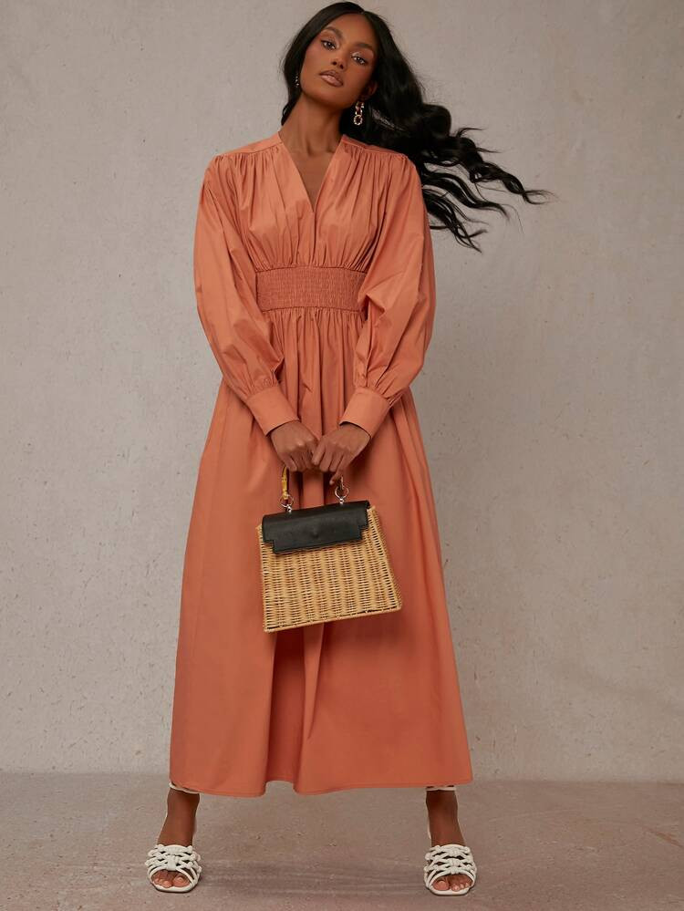 SHEIN V-Neck Shirred Detail Dress | SHEIN