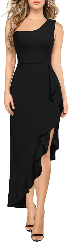MUSHARE Women's One Shoulder Asymmetrical Sleeveless Bodycon Ruffle Split Evening Cocktail Party ... | Amazon (US)