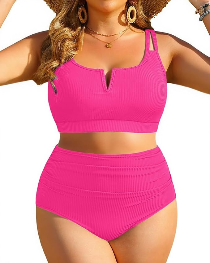 Women Plus Size High Waisted Bikini - Ribbed Two Piece Swimsuit Tummy Control Bathing Suit V-Wire... | Amazon (US)